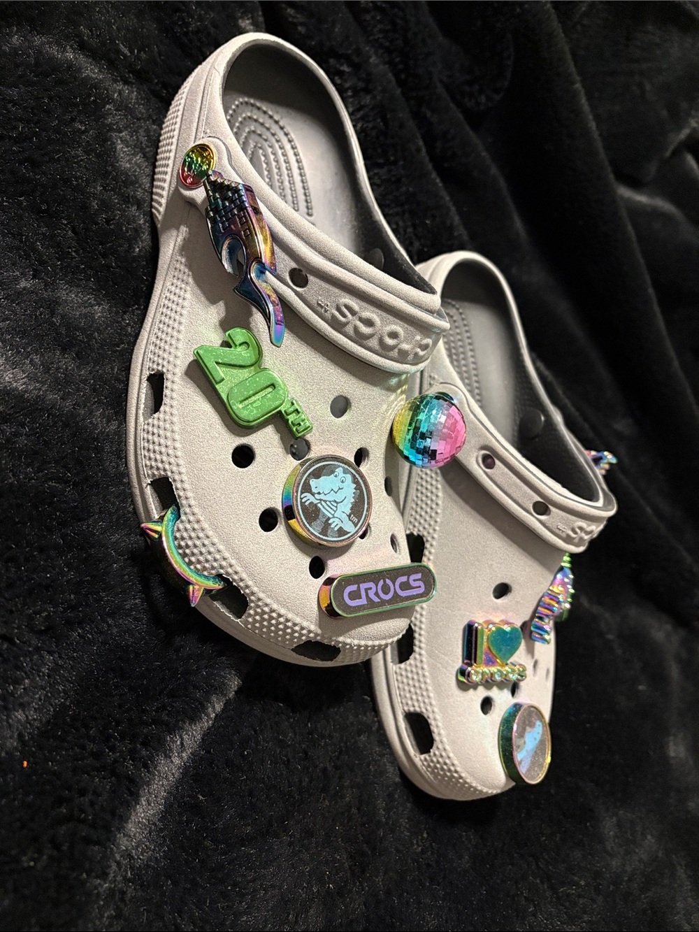 CROCS Kids Classic Clog in Light Gray with Rainbow Metallic Charms
